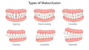 Detailed graphic showing types of orthodontic issues including crowding, gaps, and bite problems that Invisalign in Macquarie Fields can treat effectively.